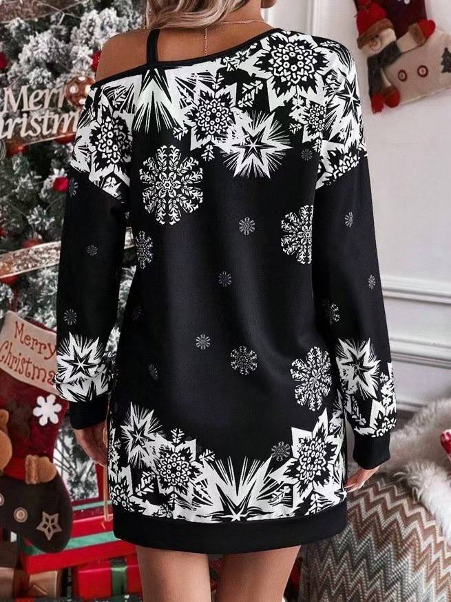 Damen Weihnachten Langarm Frühling/Herbst Print Kleid Schulterfrei Täglich Retro Mini Hüftrock A-Linien-Kleid