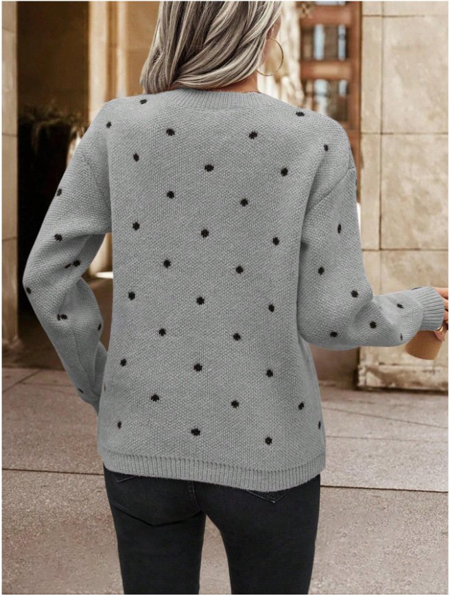 Damen Polka Dots Print Winter Lässig Langarm Rundhals Pullover