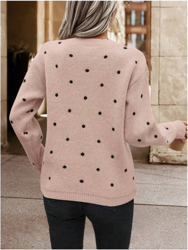 Damen Polka Dots Print Winter Lässig Langarm Rundhals Pullover