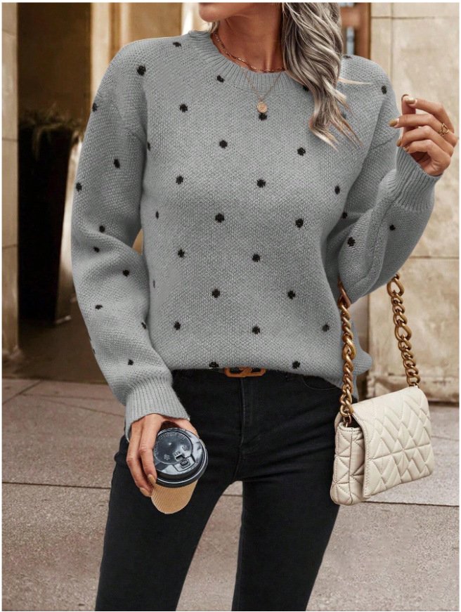 Damen Polka Dots Print Winter Lässig Langarm Rundhals Pullover