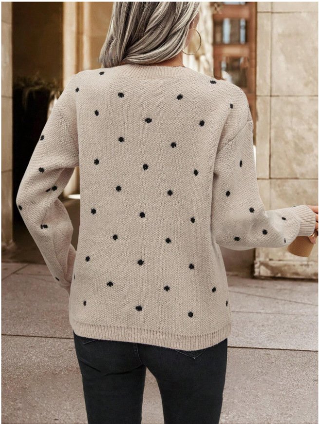 Damen Polka Dots Print Winter Lässig Langarm Rundhals Pullover