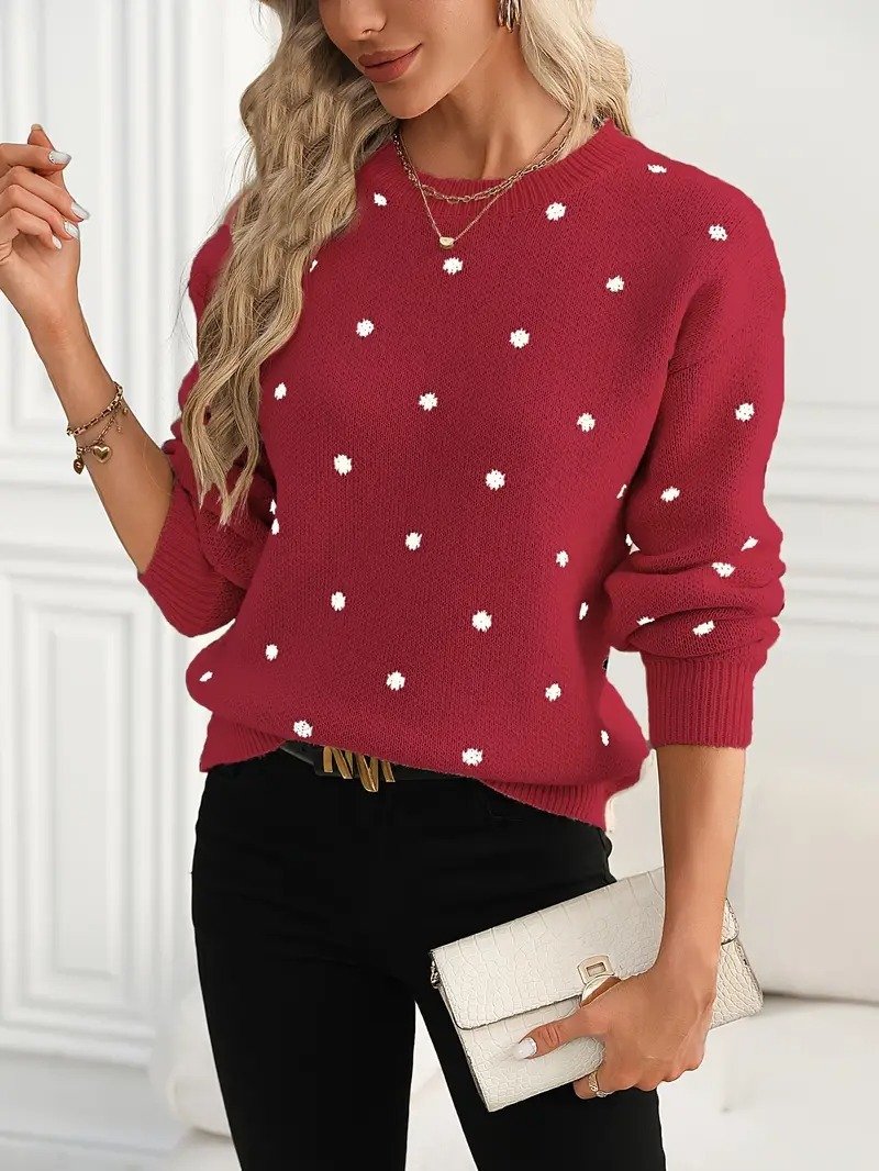 Damen Polka Dots Print Winter Lässig Langarm Rundhals Pullover