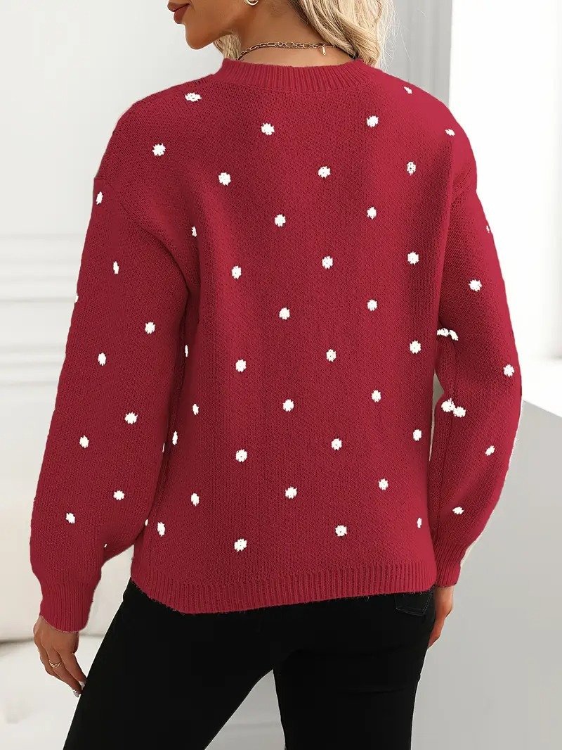 Damen Polka Dots Print Winter Lässig Langarm Rundhals Pullover