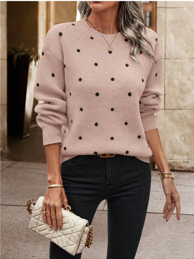 Damen Polka Dots Print Winter Lässig Langarm Rundhals Pullover