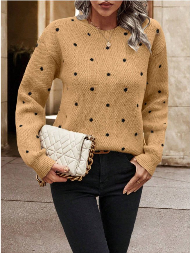 Damen Polka Dots Print Winter Lässig Langarm Rundhals Pullover