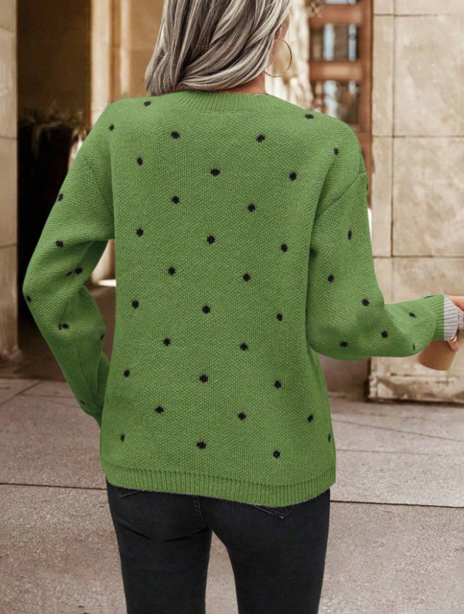 Damen Polka Dots Print Winter Lässig Langarm Rundhals Pullover