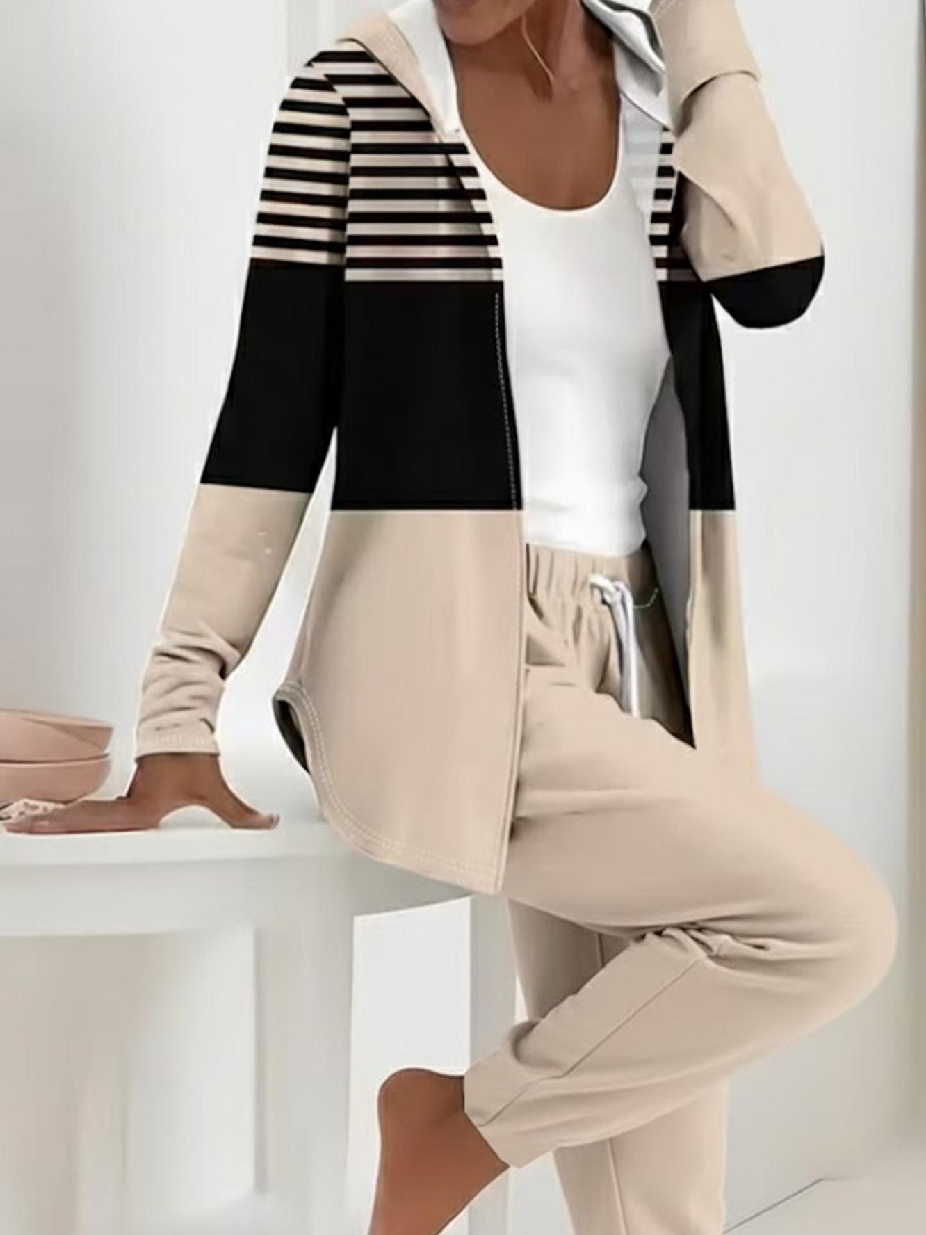 Damen Gestreift Print Zweiteiliges Set Täglich Langarm Lässig Frühling/Herbst Mantel mit Hosen Matching Set