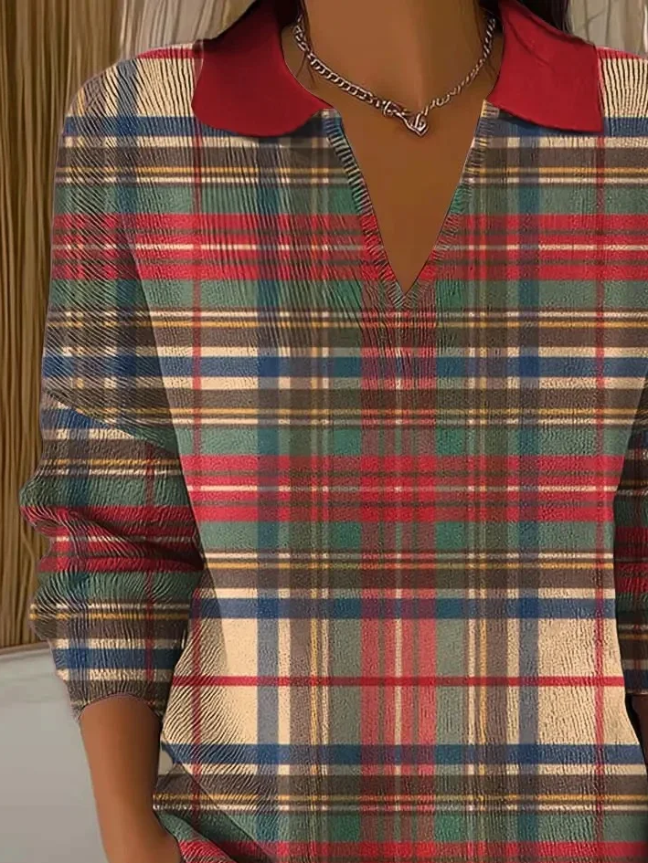 Damen Kariert Print Frühling/Herbst Lässig Langarm Schalkragen Pullover