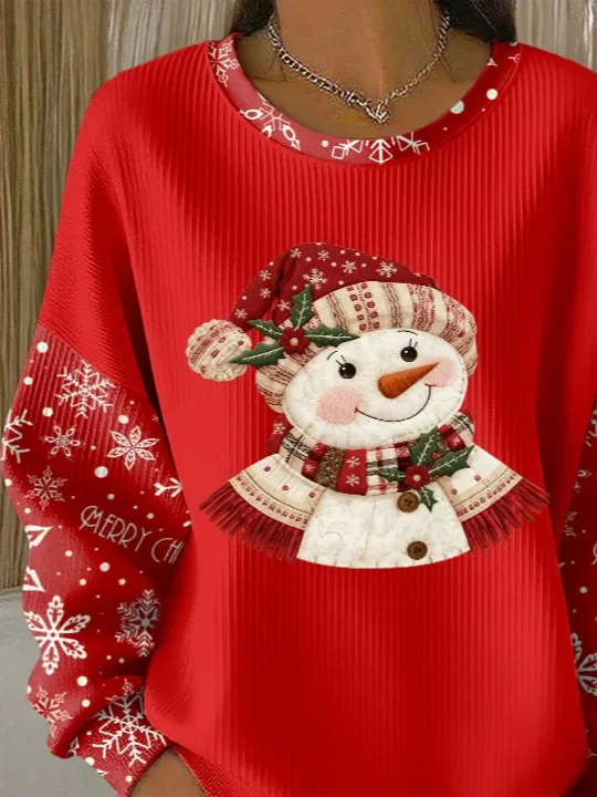 Damen Weihnachtsschneemann Rundhals Print Lässig Frühling/Herbst Langarm Sweatshirt