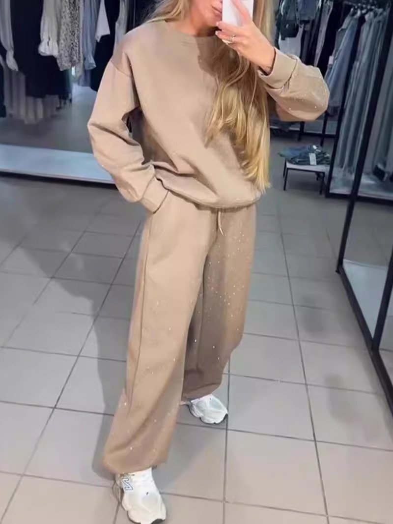 Damen Unifarben Nahtverarbeitung Zweiteiliges Set Täglich Langarm Lässig Frühling/Herbst Bluse mit Hose Matching Set