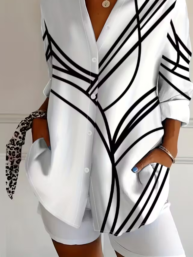 Damen Abstrakt Langarm Bluse Frühling/Herbst Schnalle Hemdkragen Normale Ärmel Täglich Lässig Oberteile