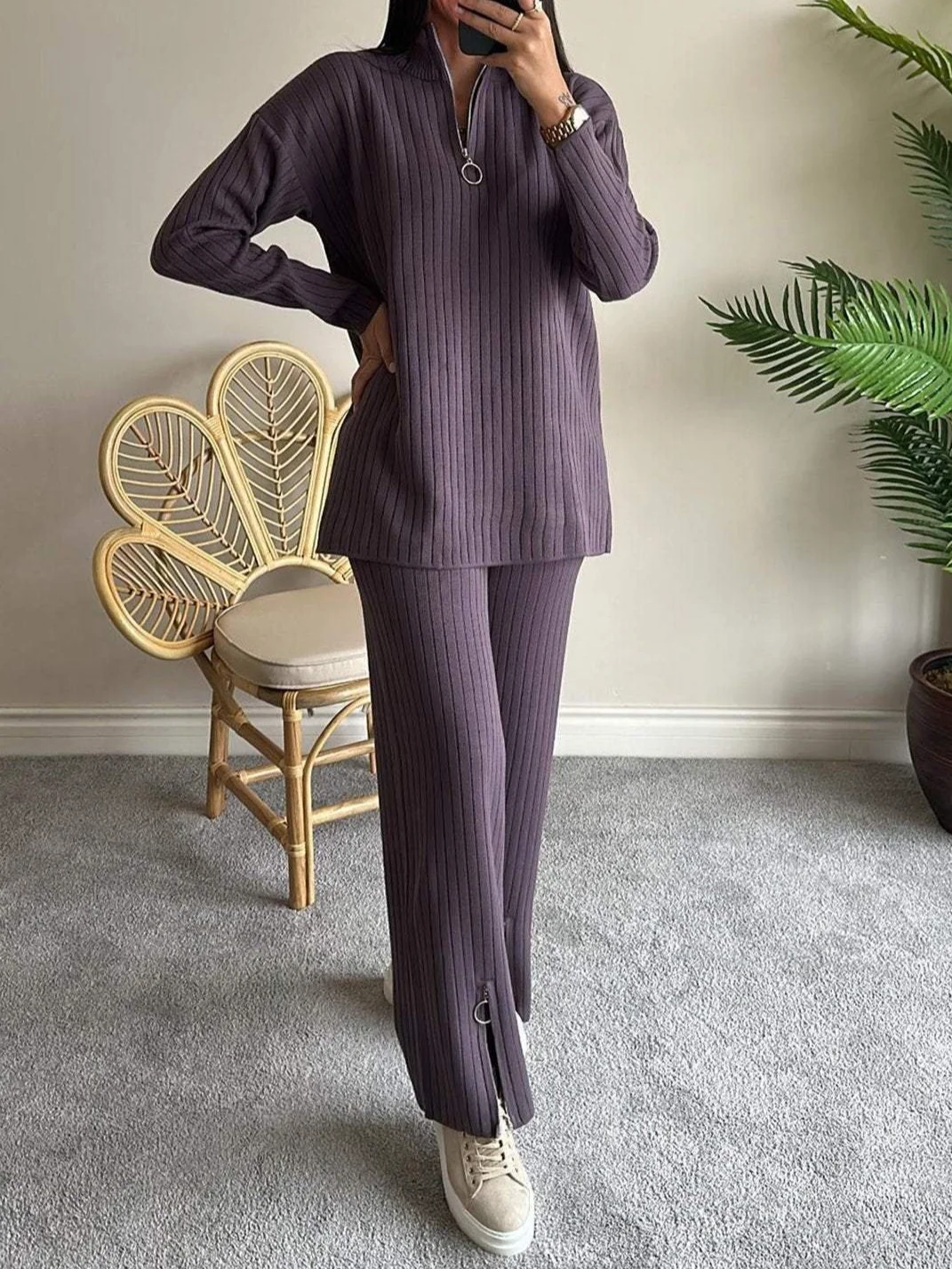 Damen Unifarben Nahtverarbeitung Zweiteiliges Set Täglich Langarm Lässig Frühling/Herbst Bluse mit Hose Matching Set