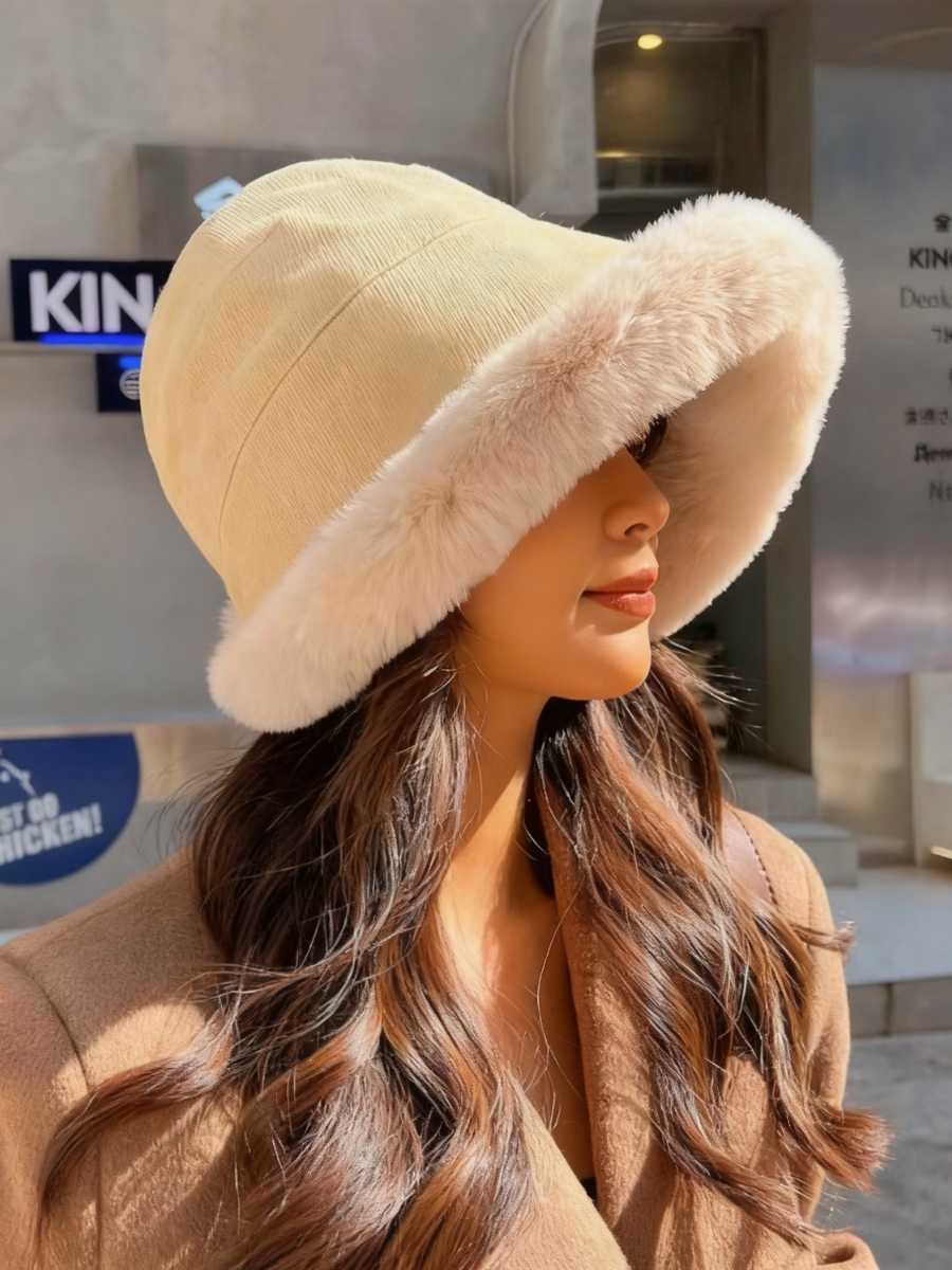 Verdickt mit Vlies-Futter Warm Fischers Hut für Herbst und Winter Lamm mit Vlies-Futter Eimer Hut, Winter mit Vlies-Futter Gerollt Rand Hut