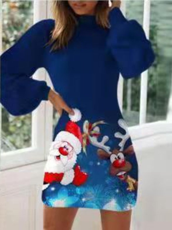 Damen Weihnachtsschneemann Langarm Frühling/Herbst Print Kleid Rundhals Ballon-Ärmel Täglich Lässig Midi Hüftrock A-Linien-Kleid