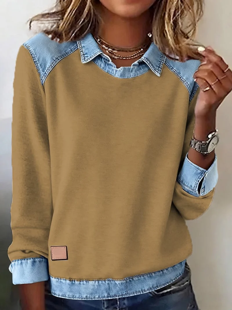 Damen Unifarben Schalkragen Retro Frühling/Herbst Langarm Sweatshirt