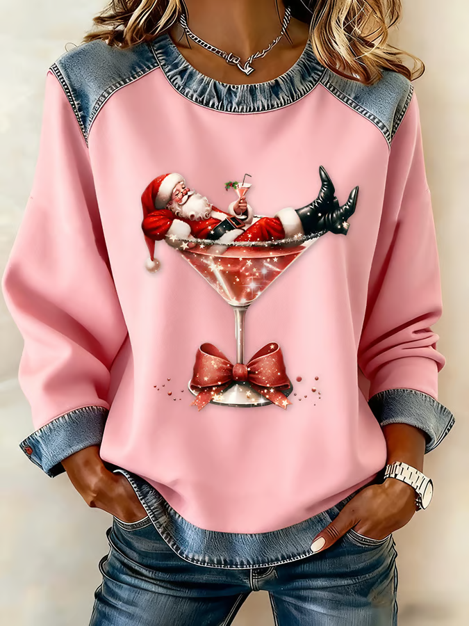 Damen Weihnachtsmann Rundhals Print Retro Frühling/Herbst Langarm Sweatshirt
