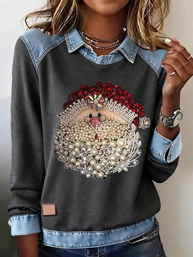 Damen Weihnachtsmann Schalkragen Retro Frühling/Herbst Langarm Sweatshirt