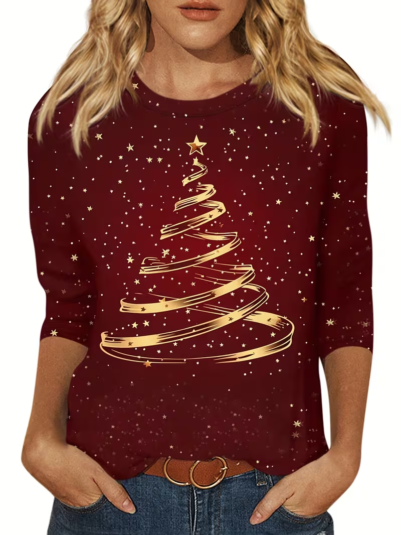 Damen Weihnachten Langarm T-Shirts T-Shirt Rundhals Print Lässig Frühling/Herbst T-Shirt mit Grafik Oberteile