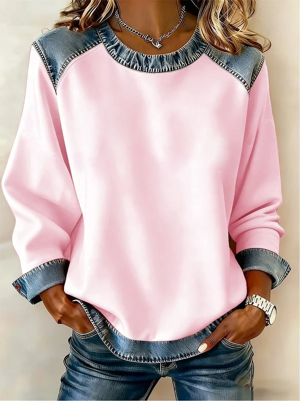 Damen Unifarben Rundhals Retro Frühling/Herbst Langarm Sweatshirt