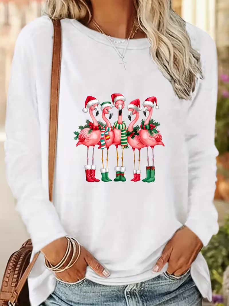 Damen Flamingo Langarm T-Shirts T-Shirt Rundhals Print Lässig Frühling/Herbst T-Shirt mit Grafik Oberteile