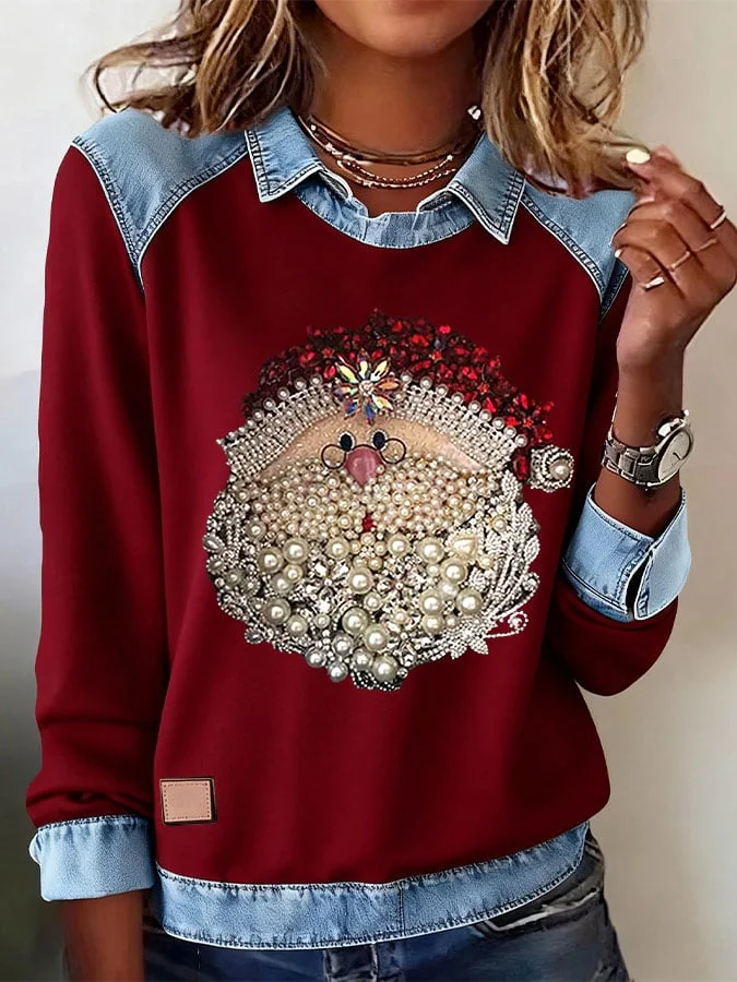Damen Weihnachtsmann Schalkragen Retro Frühling/Herbst Langarm Sweatshirt
