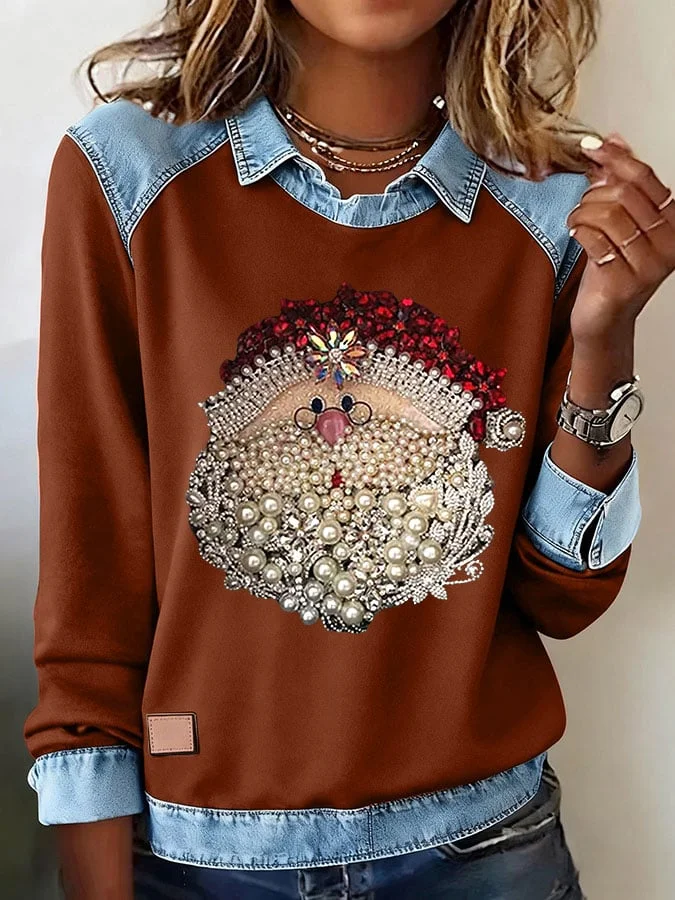 Damen Weihnachtsmann Schalkragen Retro Frühling/Herbst Langarm Sweatshirt