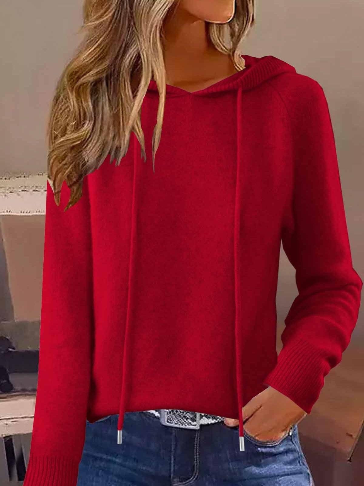 Damen Unifarben Nahtverarbeitung Winter Lässig Langarm Kapuze Pullover