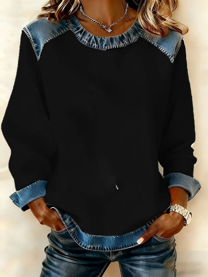 Damen Unifarben Rundhals Retro Frühling/Herbst Langarm Sweatshirt