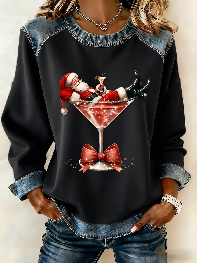 Damen Weihnachtsmann Rundhals Print Retro Frühling/Herbst Langarm Sweatshirt
