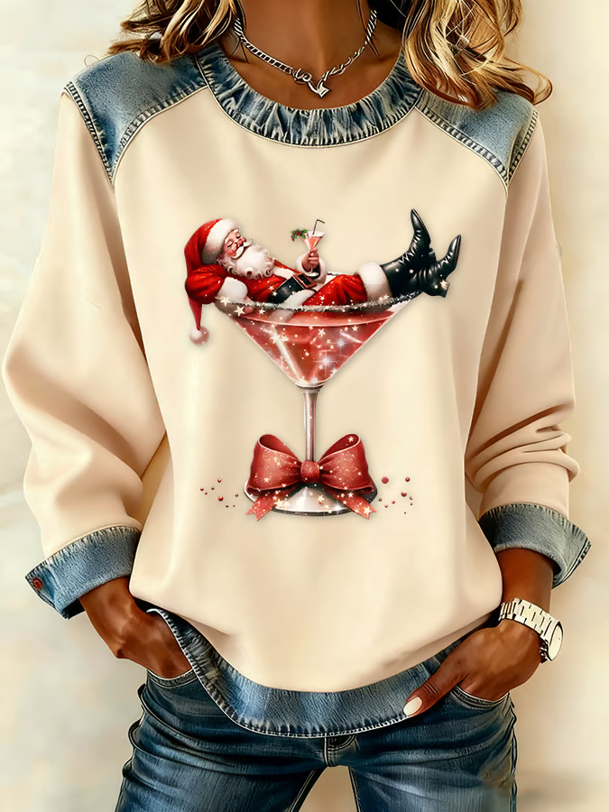Damen Weihnachtsmann Rundhals Print Retro Frühling/Herbst Langarm Sweatshirt