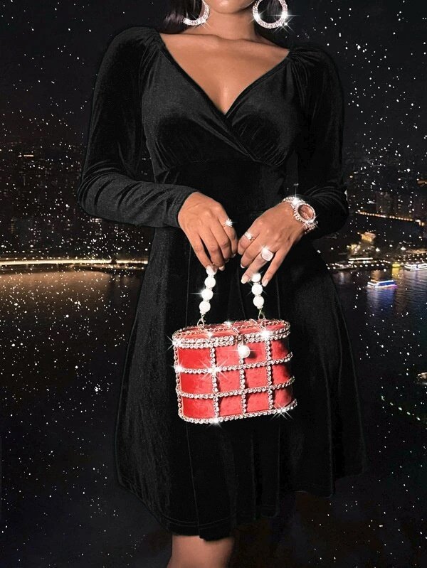 Damen Unifarben Langarm Frühling/Herbst Nahtverarbeitung Kleid V-Ausschnitt Täglich Lässig Midi Party Kleid A-Linien-Kleid