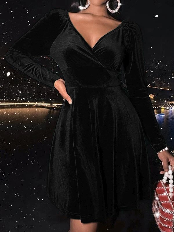 Damen Unifarben Langarm Frühling/Herbst Nahtverarbeitung Kleid V-Ausschnitt Täglich Lässig Midi Party Kleid A-Linien-Kleid