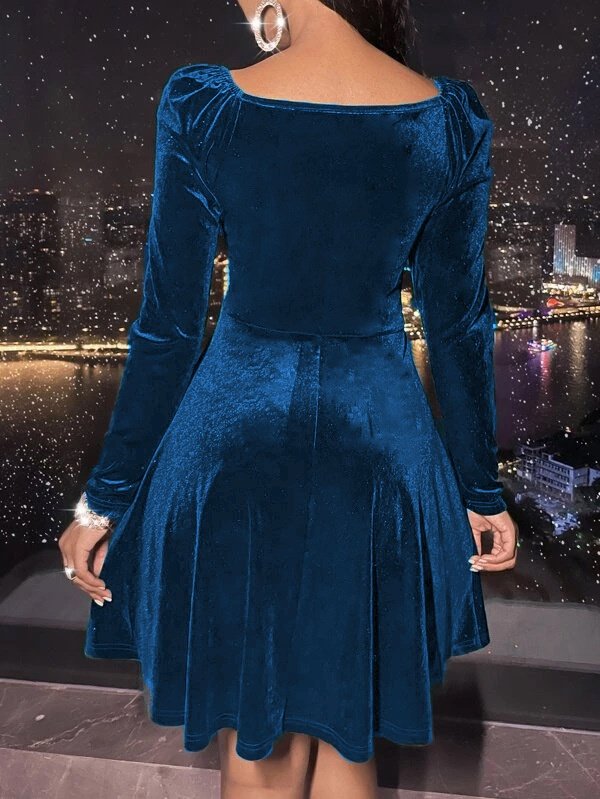 Damen Unifarben Langarm Frühling/Herbst Nahtverarbeitung Kleid V-Ausschnitt Täglich Lässig Midi Party Kleid A-Linien-Kleid