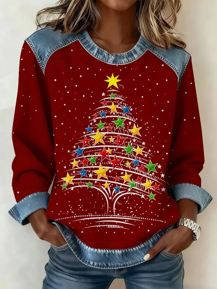 Damen Stern Rundhals Print Retro Frühling/Herbst Langarm Sweatshirt