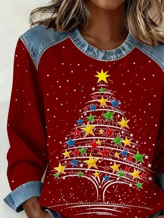 Damen Stern Rundhals Print Retro Frühling/Herbst Langarm Sweatshirt