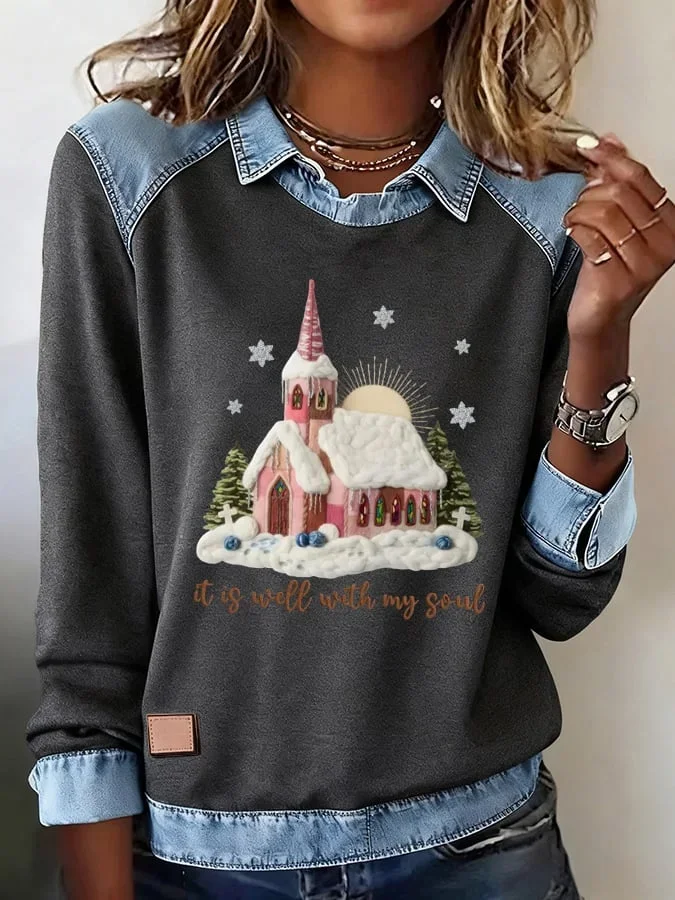 Damen Weihnachten Schalkragen Retro Frühling/Herbst Langarm Sweatshirt