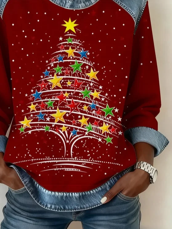 Damen Stern Rundhals Print Retro Frühling/Herbst Langarm Sweatshirt