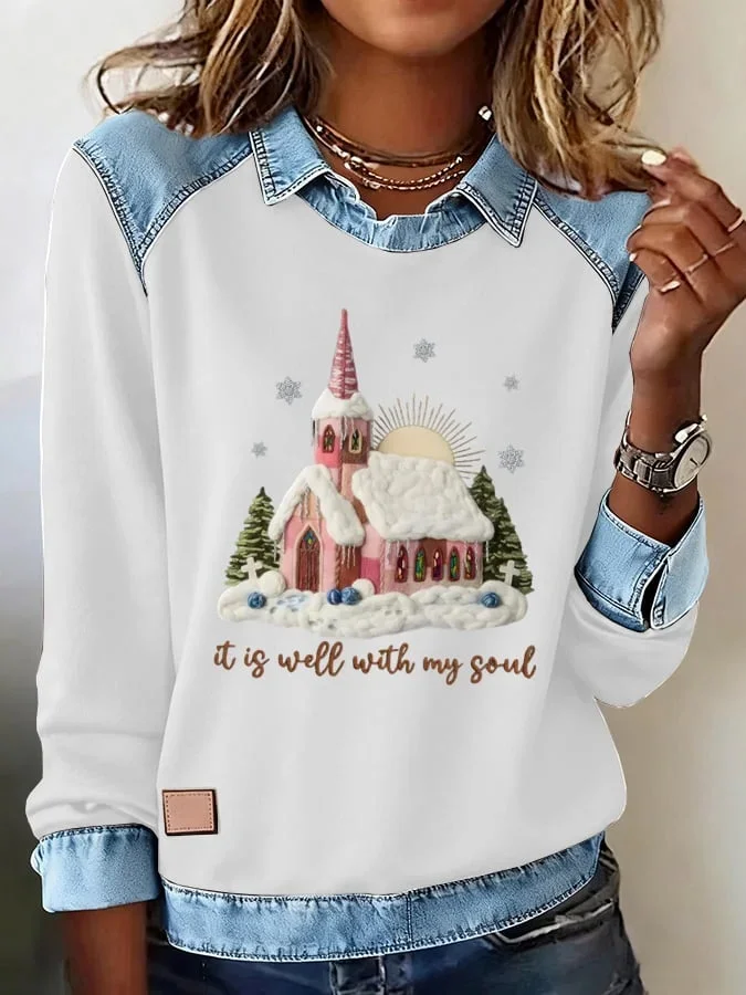 Damen Weihnachten Schalkragen Retro Frühling/Herbst Langarm Sweatshirt