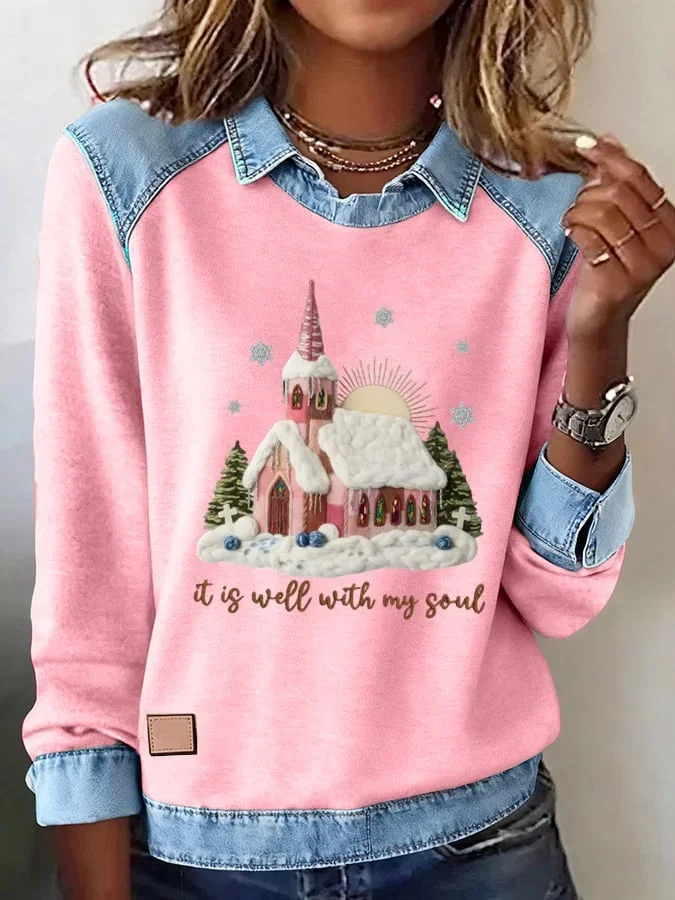 Damen Weihnachten Schalkragen Retro Frühling/Herbst Langarm Sweatshirt