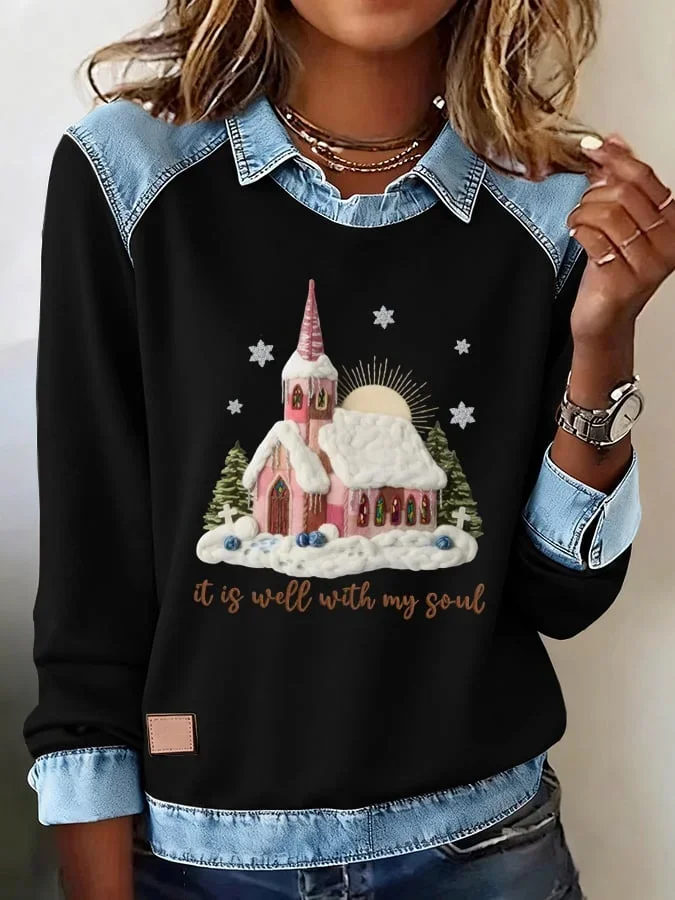 Damen Weihnachten Schalkragen Retro Frühling/Herbst Langarm Sweatshirt