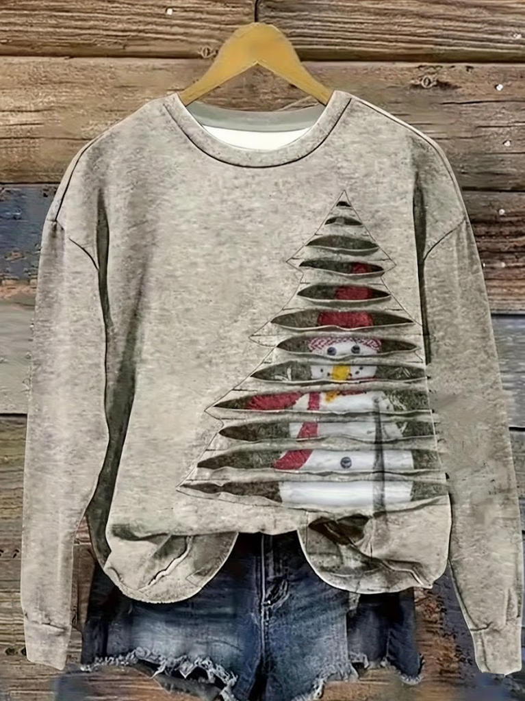 Damen Weihnachtsschneemann Rundhals Print Lässig Frühling/Herbst Langarm Sweatshirt