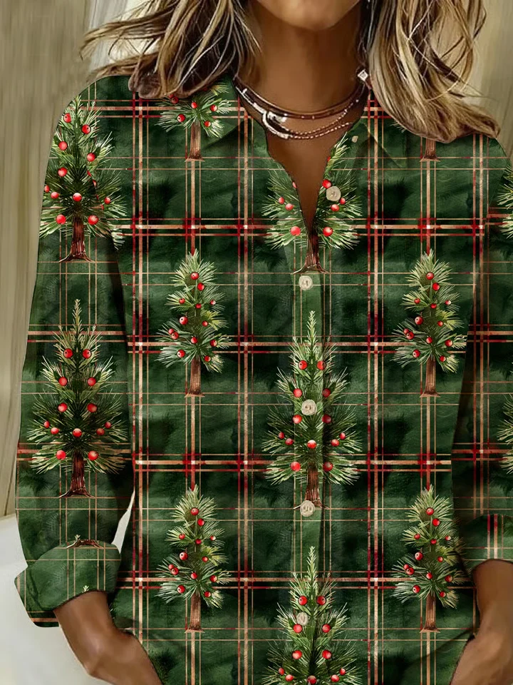 Damen Weihnachten Langarm Bluse Frühling/Herbst Schnalle Hemdkragen Normale Ärmel Täglich Lässig Oberteile