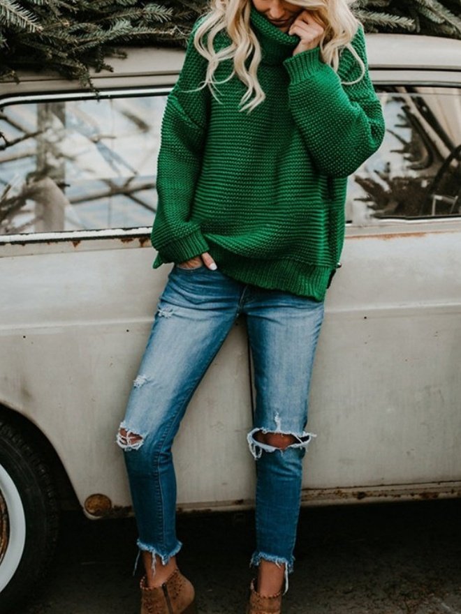 Damen Unifarben Nahtverarbeitung Winter Straße Langarm Rollkragen Pullover