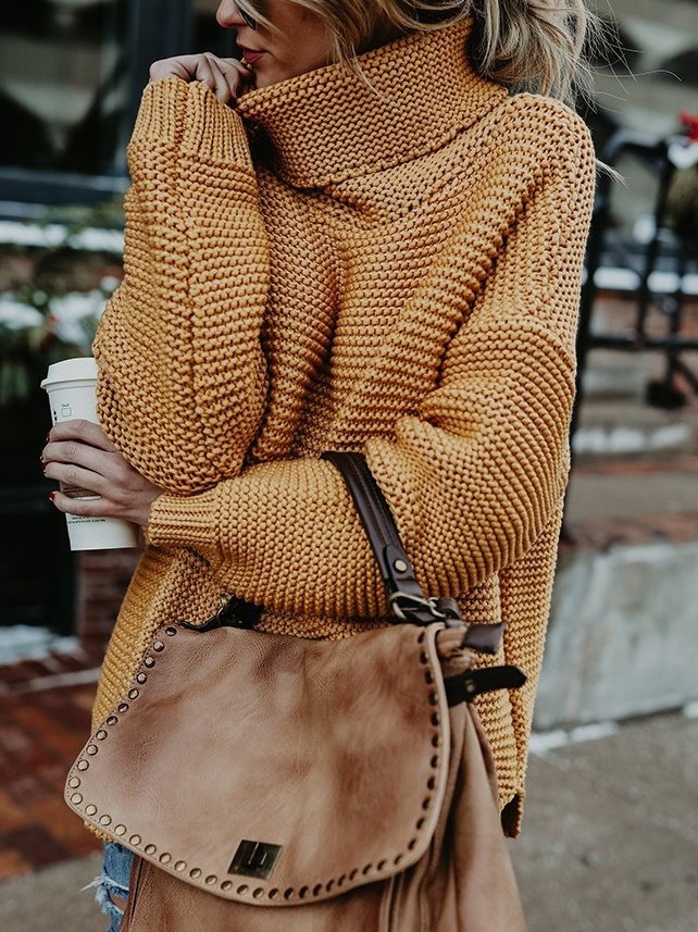 Damen Unifarben Nahtverarbeitung Winter Straße Langarm Rollkragen Pullover