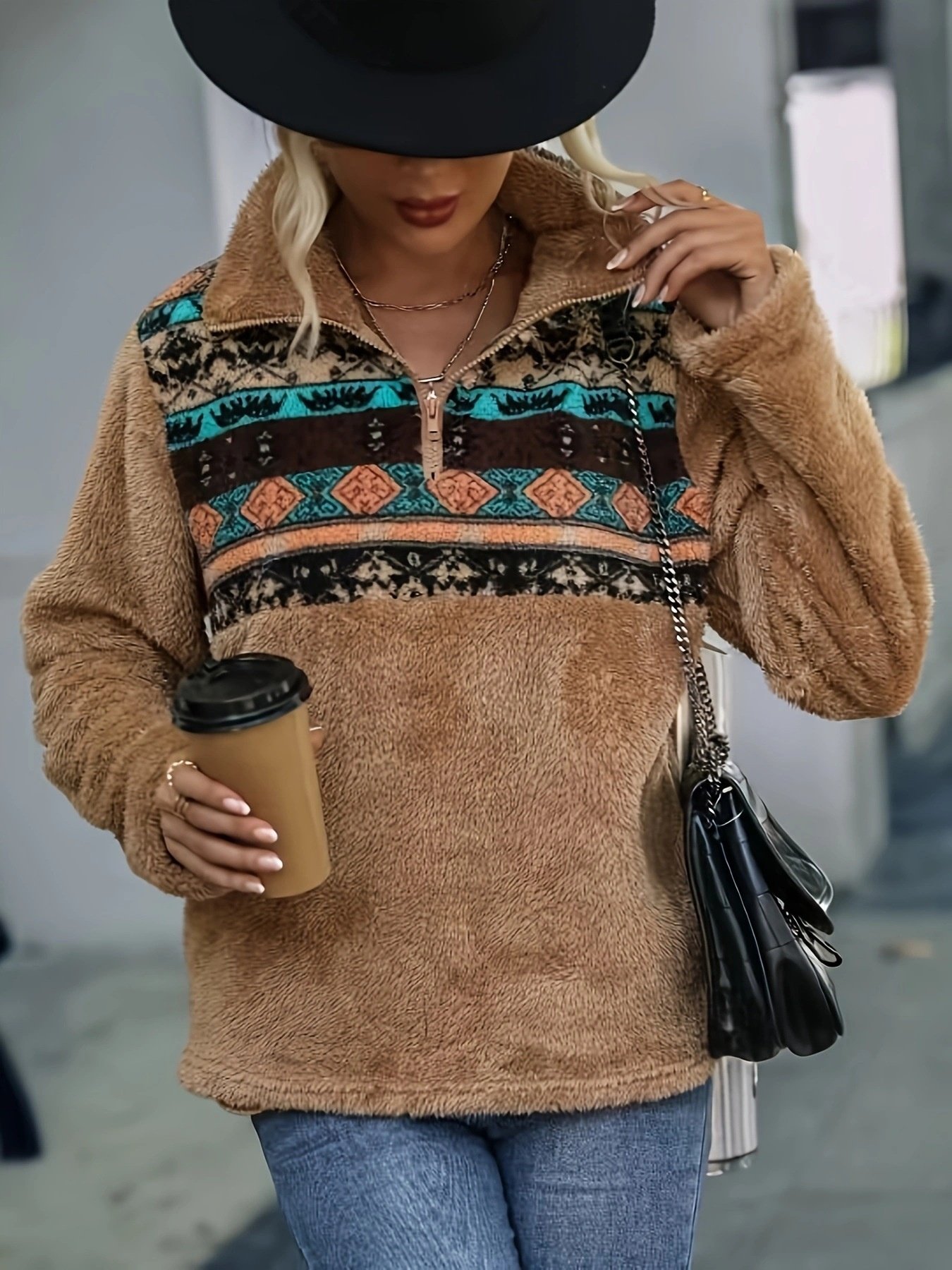 Damen Geometrisch Stehkragen Print Retro Frühling/Herbst Langarm Sweatshirt