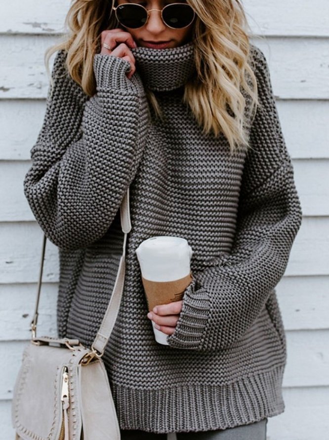 Damen Unifarben Nahtverarbeitung Winter Straße Langarm Rollkragen Pullover
