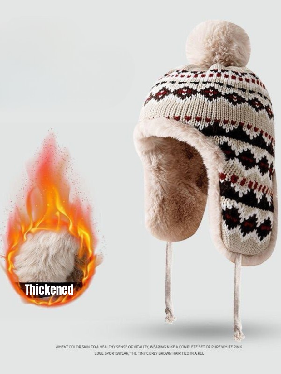 Winter Gestrickt Verdickt mit Vlies-Futter Kragen Schutz Warm Jacquard Muster Vielseitig Lässig Ohr-Abdeckung Hut