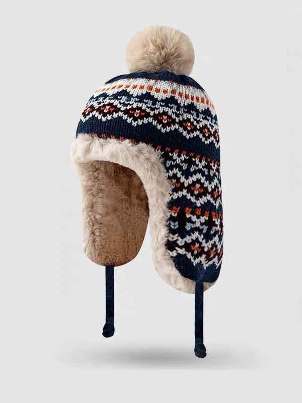 Winter Gestrickt Verdickt mit Vlies-Futter Kragen Schutz Warm Jacquard Muster Vielseitig Lässig Ohr-Abdeckung Hut