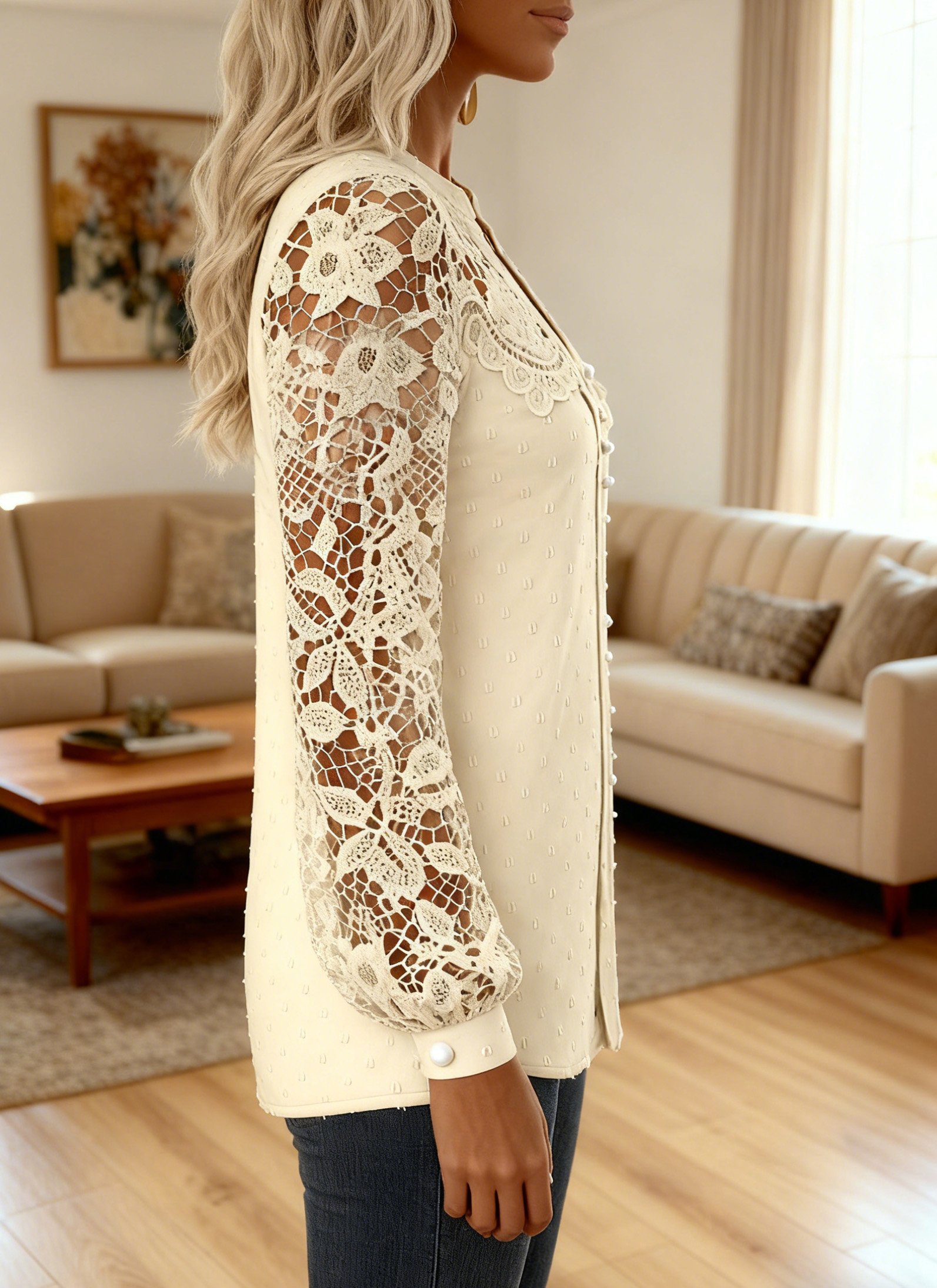 Damen Spitze Langarm Bluse Frühling/Herbst V-Ausschnitt Täglich Lässig Oberteile