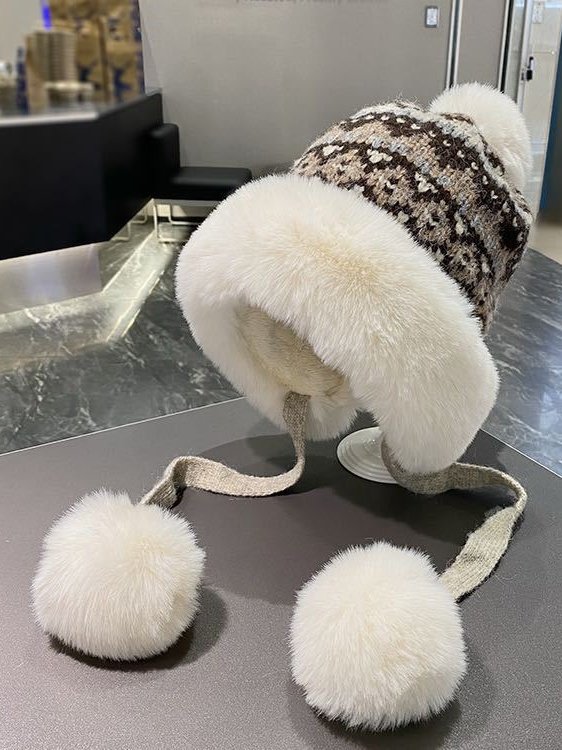 Winter Gestrickt Verdickt mit Vlies-Futter Kragen Schutz Warm Jacquard Muster Vielseitig Lässig Ohr-Abdeckung Hut